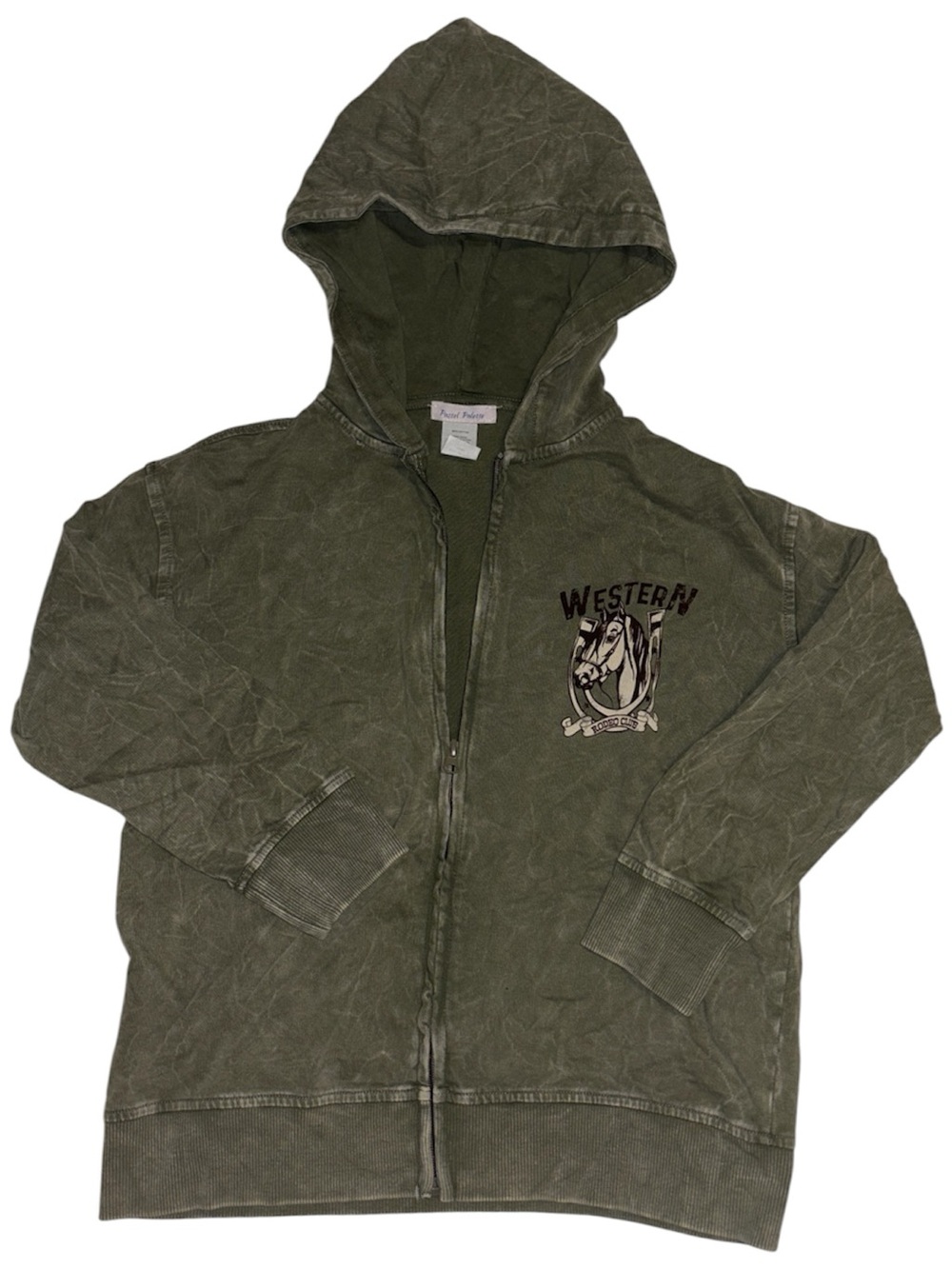 Kids Olive Green “Western Rodeo Club” Hooded Zip-Up Sweatshirt - Size Large